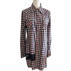 Biscote Mary Vintage Shirt Plaid Dress Size Fit L Red Metal Buttons Long Sleeves